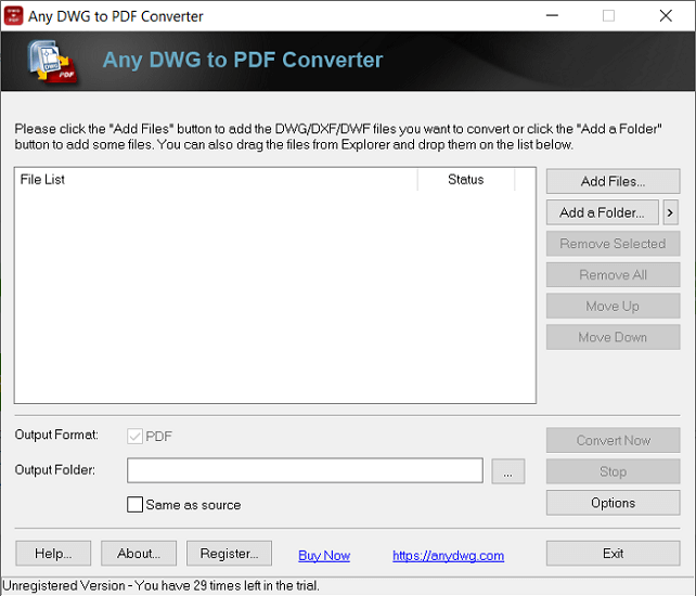 AnyDWG DXF to PDF Converter Interface