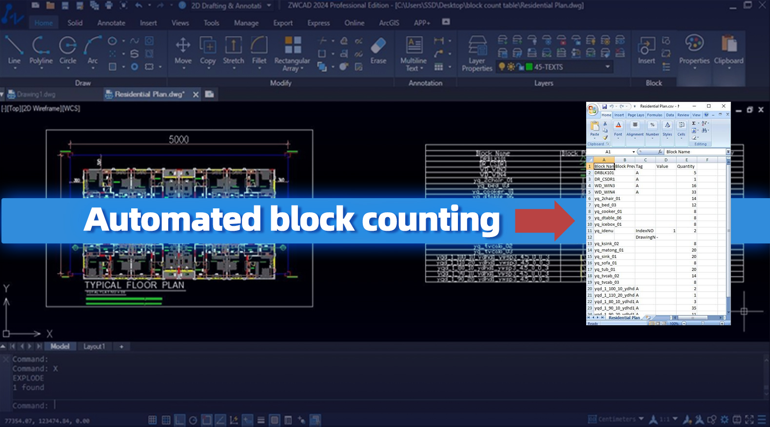ZWCAD Block Count Table with AddOn Streamlining Design Productivity